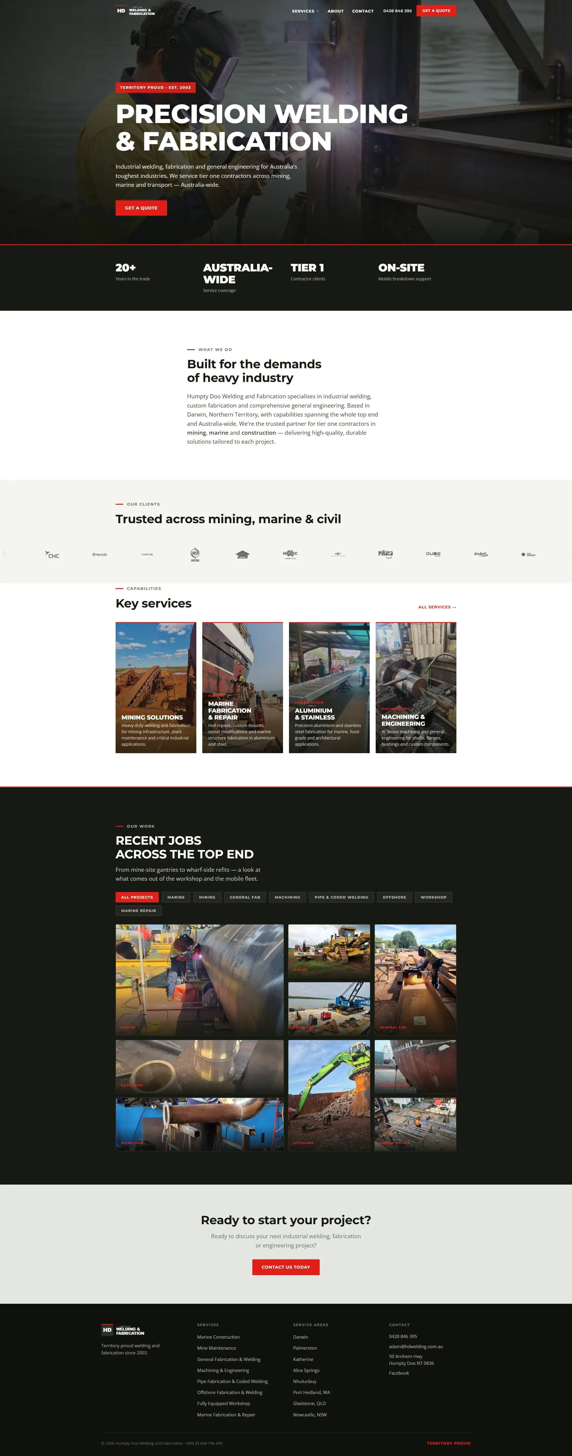 The live Humpty Doo Welding & Fabrication website — full home page in a browser frame