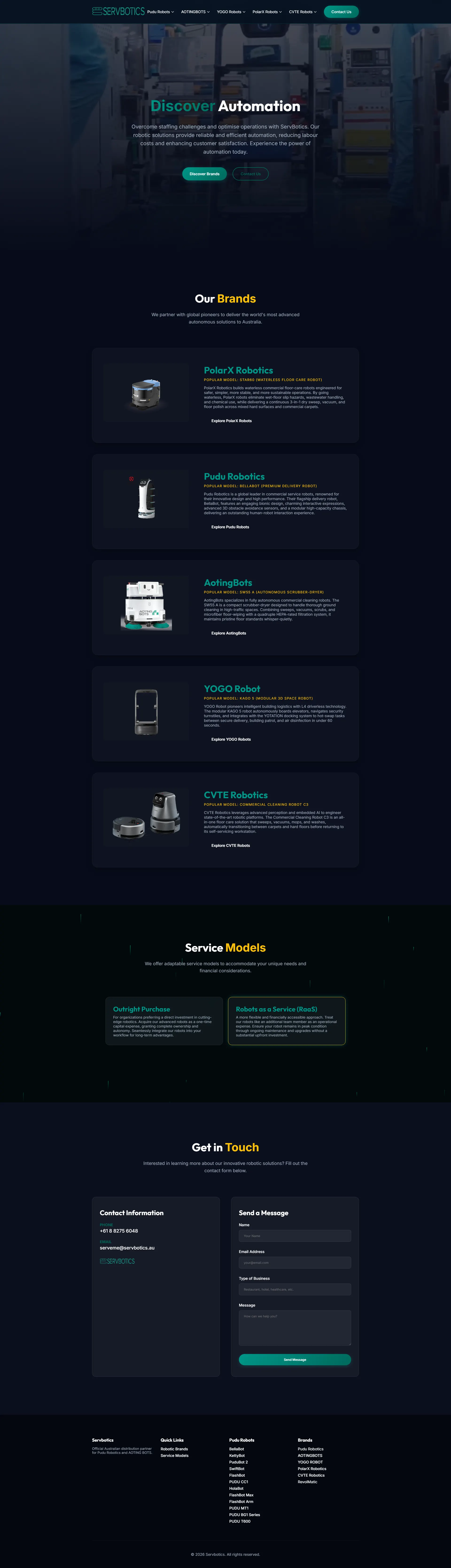 The live Servbotics website — full home page in a browser frame