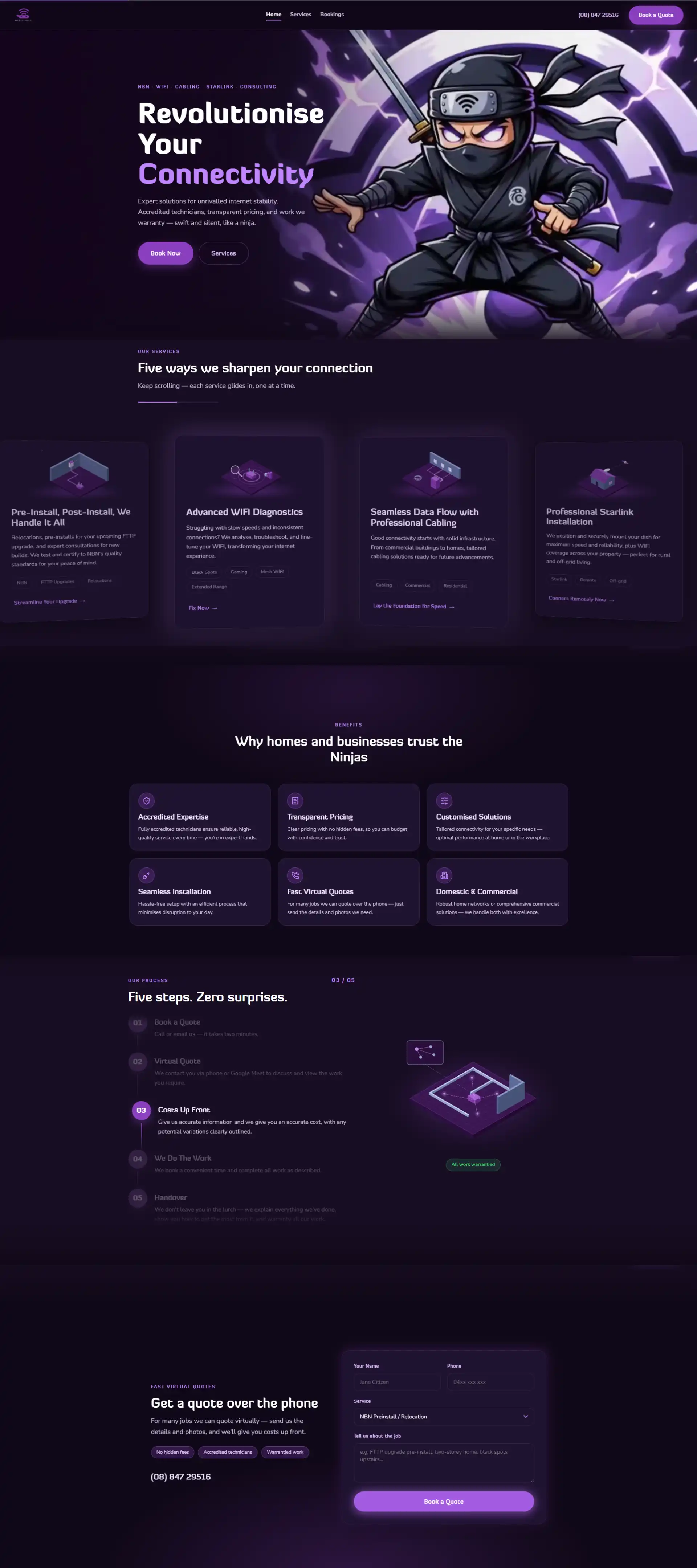 The live WiFi Ninjas website — full home page in a browser frame